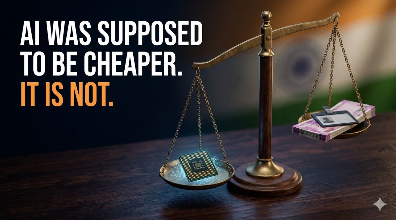 An analog balance scale weighing a glowing AI chip against rupee notes and an office identity card, with the AI side tilting heavier