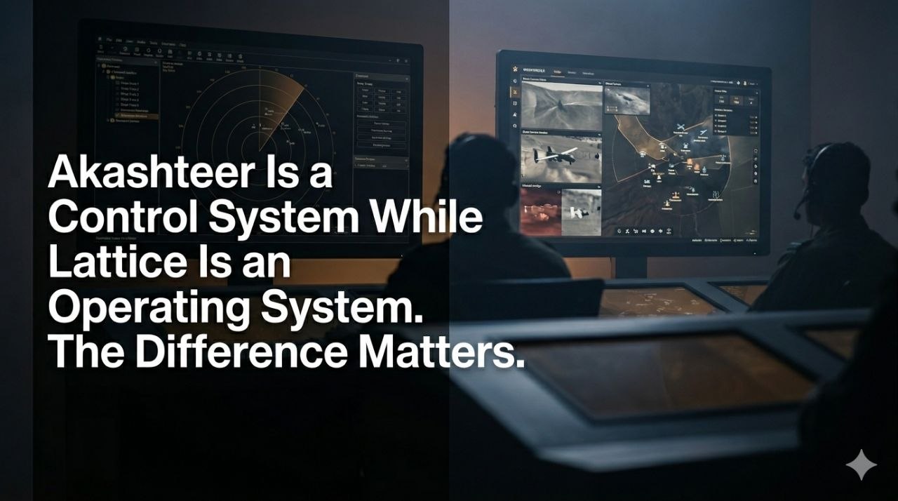 Air defence operations room at dusk with two screens showing different command and control software architectures.