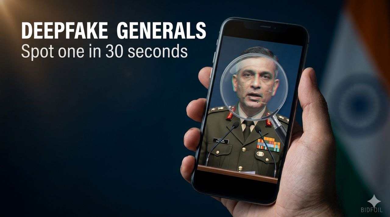 Magnifying glass examining a pixelated face on a smartphone screen showing a military officer