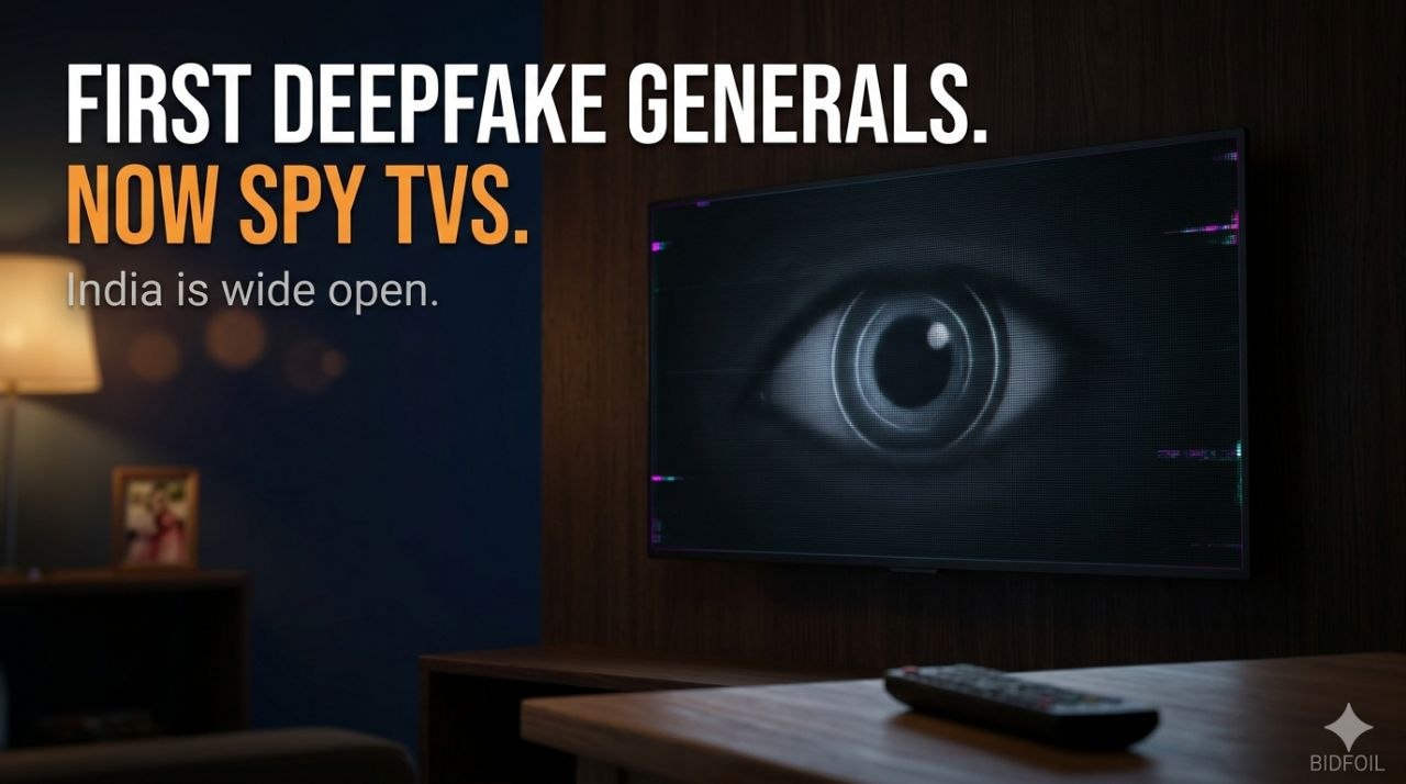A smart TV in a dimly lit Indian living room with a single eye-like reflection on its screen