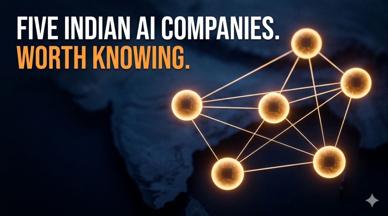 Five interconnected glowing nodes arranged over a stylised blurred map of India in saffron and navy tones, representing the Indian AI ecosystem
