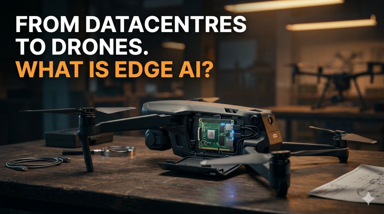 A split image showing a datacentre server rack on the left and a small credit-card-sized AI chip on the right, with a small drone in the blurred background