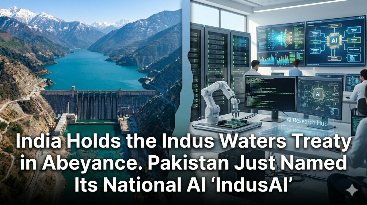 Split image showing a closed-gate hydroelectric dam at dusk and a glowing GPU server room, representing the Indus Waters Treaty and IndusAI