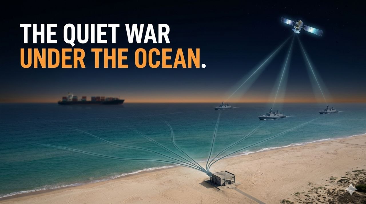 A split image showing undersea fiber cables landing on an Indian beach below and a military communications satellite over Indian Navy ships above