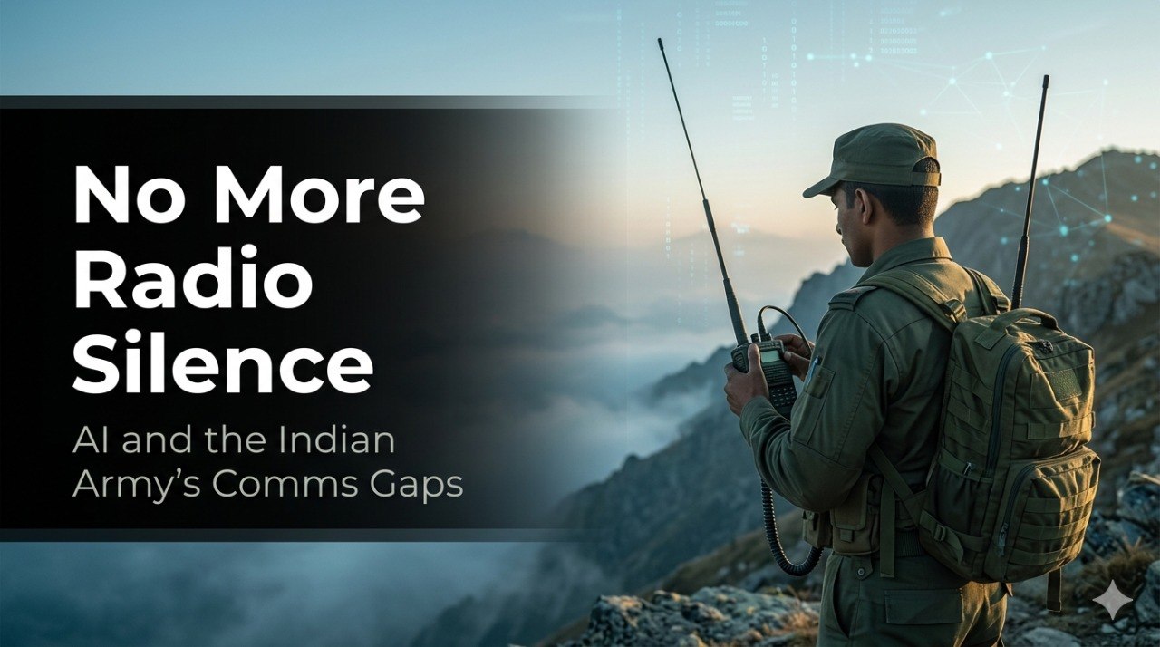 Indian Army signaller operating a backpack military radio on a mountain ridge at dawn, mist in the valley below.