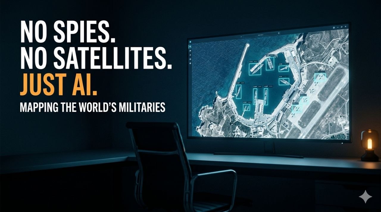 A darkened analyst desk with a monitor showing a satellite view of a harbour, ships and aircraft framed by glowing AI detection boxes, with an empty chair