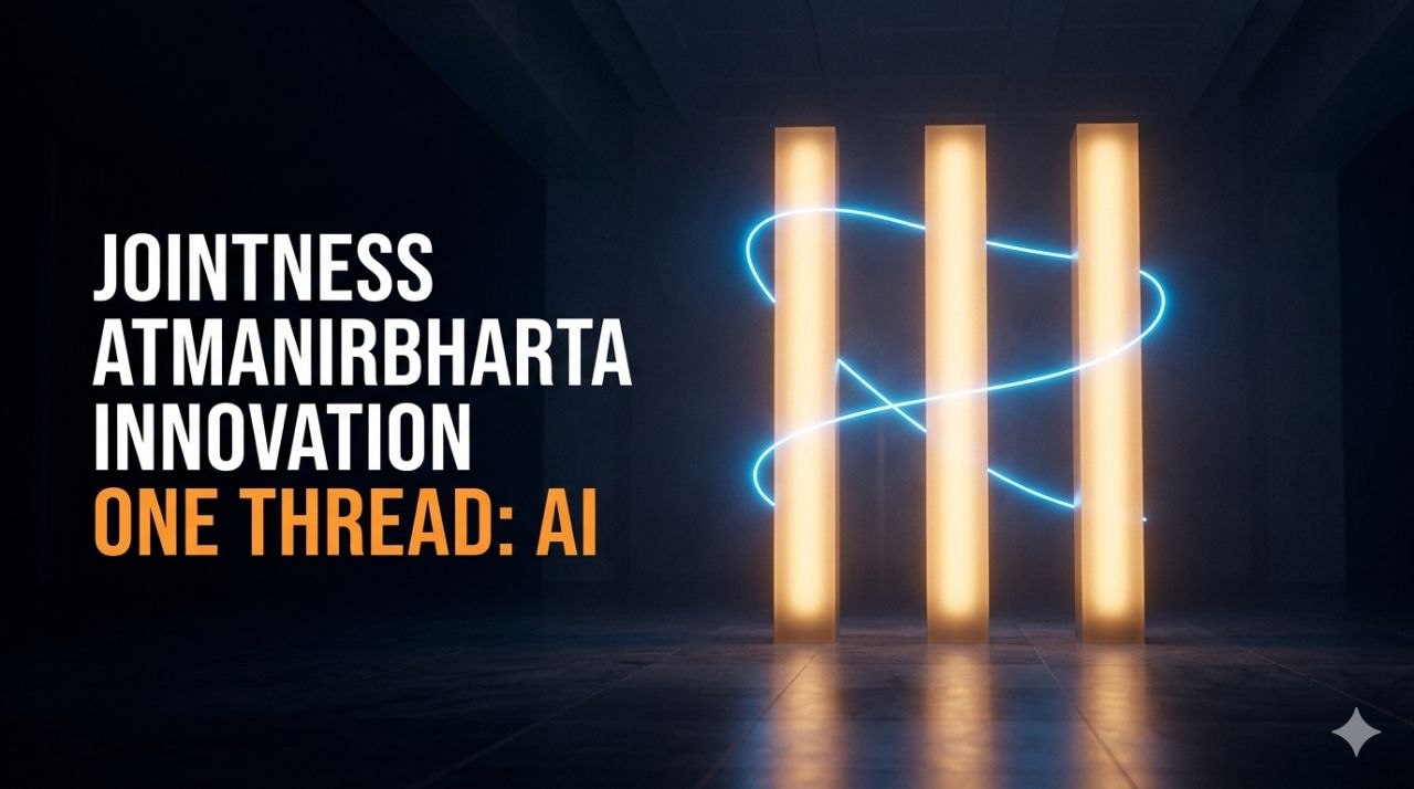 Three tall pillars of light standing side by side in a dark hall, connected near the top by thin glowing threads, representing the three pillars of JAI linked by a common thread