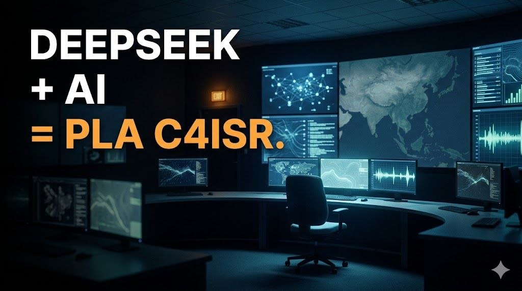 A darkened military command room with screens showing networked data flows and abstract neural network patterns with a single empty operator chair