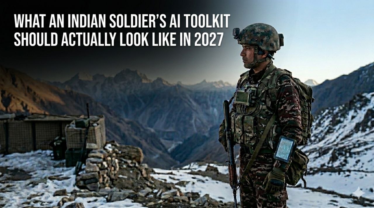 Indian Army soldier at high altitude wearing a helmet camera and forearm tactical display showing terrain map