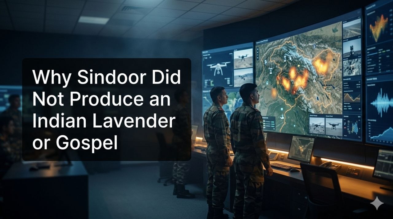 Indian Army operations room with heat maps and unified operational picture on wall screens, officers reviewing the display