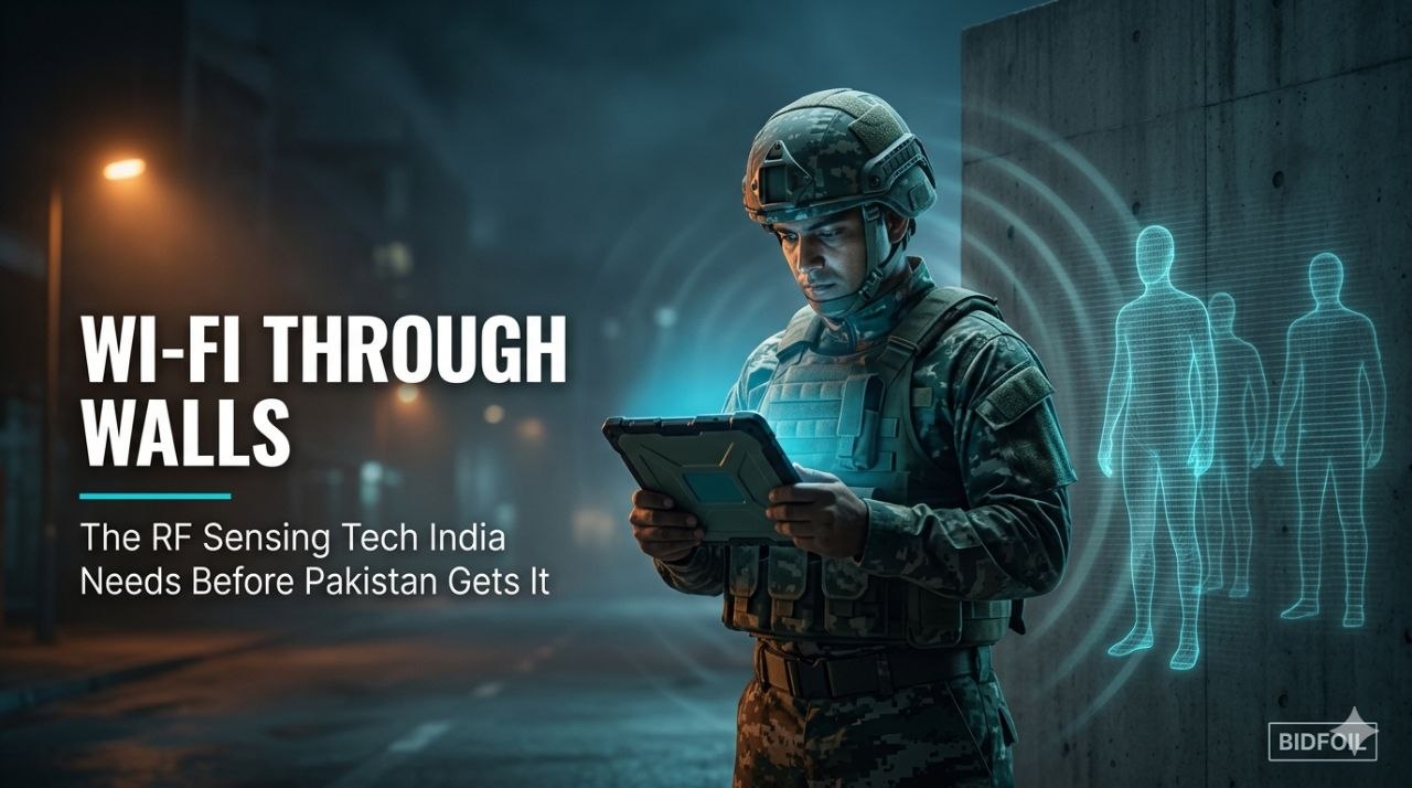 Indian Army soldier with a tablet showing human figures detected through a concrete wall using RF sensing technology